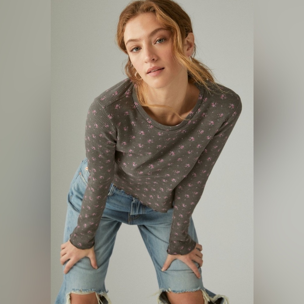 Lucky Brand Printed Crewneck Waffle Top M